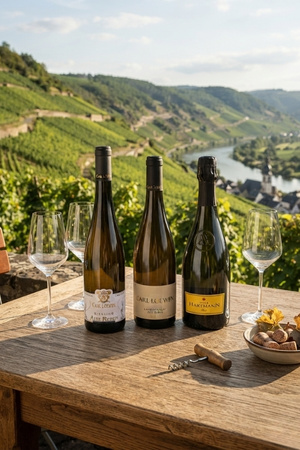 Riesling in Flaschen auf Tisch
